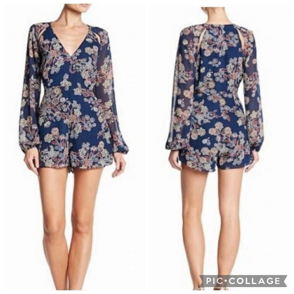 Line + Dot Floral Romper w/Sheer Long Sleeves Blue Multi